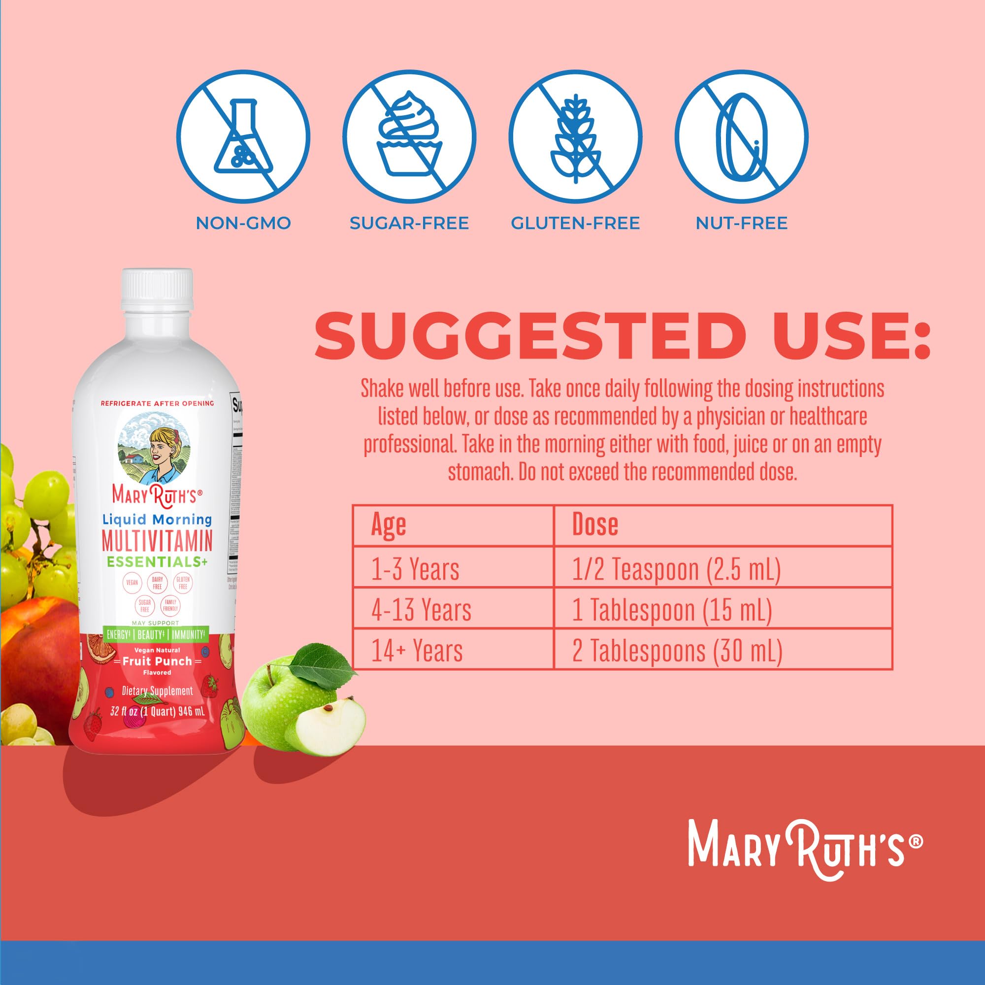 MaryRuth's Liquid Morning Multivitamin Essentials+, 2 Flavors, Vegan, 32oz | Vitamin A C D E B6 B12 Biotin Zinc, Mens Womens Multivitamin, Immune Support, Beauty, Sugar Free, Vegan, Ages 1+