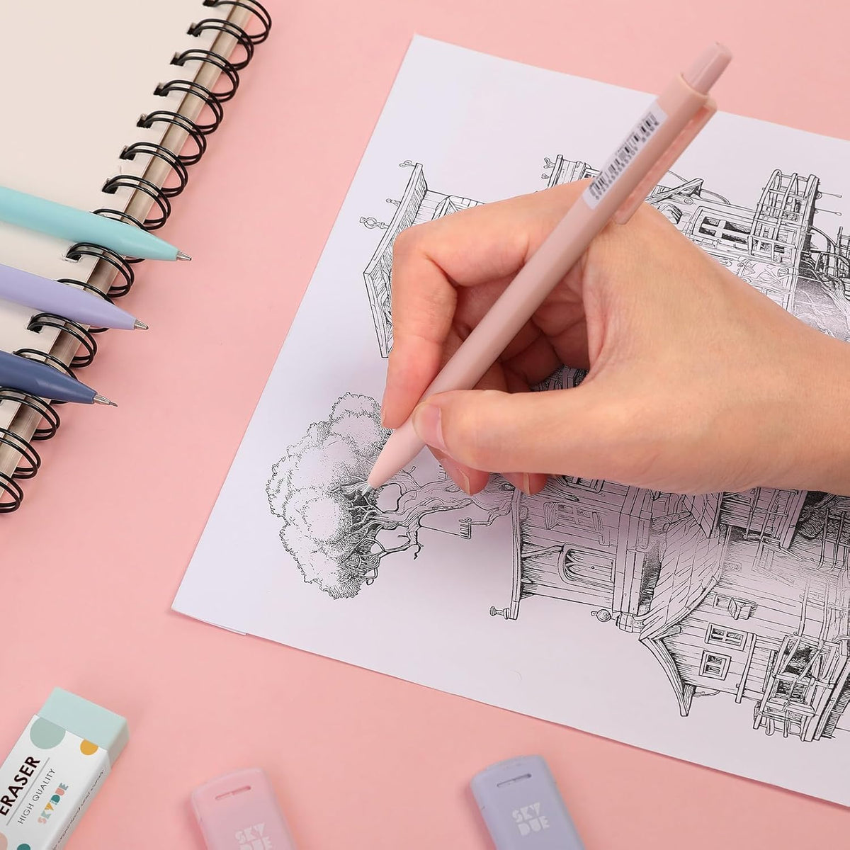 SKYDUE Cute Mechanical Pencils Set, 0.5mm & 0.7mm Mechanical Pencils, 360PCS HB Lead Refills, 4PCS Pastel Erasers, Pastel Aesthetic School Supplies for Writing, Drawing and Sketching