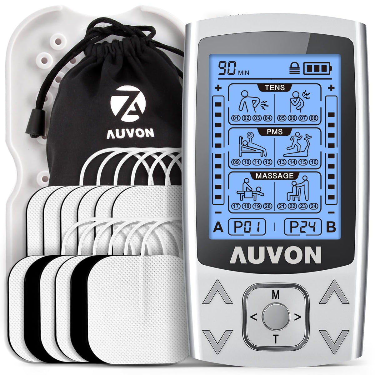 AUVON Dual Channel TENS Unit 24 Modes Muscle Stimulator for Pain Relief,Rechargeable TENS Machine Massager with 12 Pads, ABS Pads Holder, USB Cable and Dust-Proof Storage Bag
