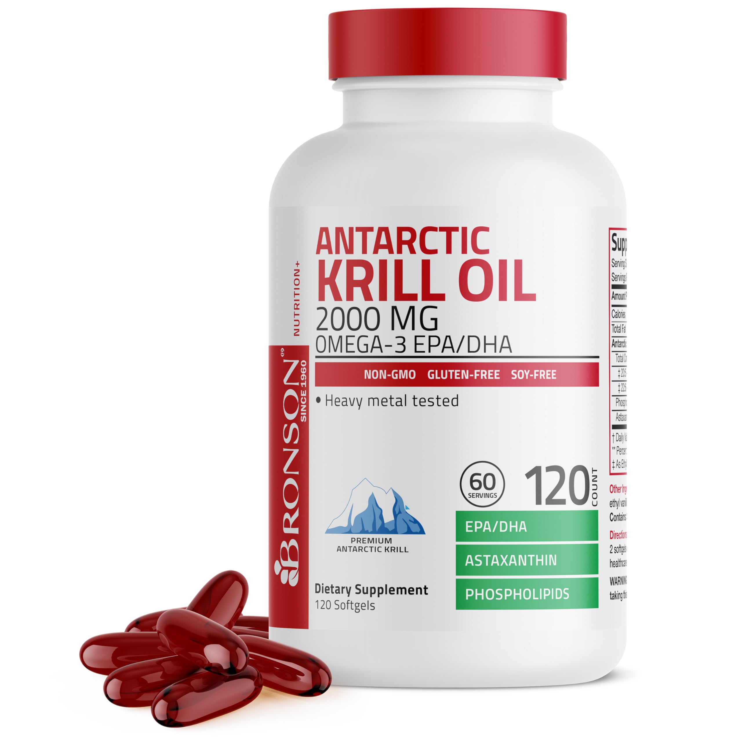 Bronson Antarctic Krill Oil 2000 mg with Omega-3s, 250 Softgels | Heavy Metal Tested, with EPA, DHA, Astaxanthin and Phospholipids, Non-GMO, Gluten Free, Soy Free