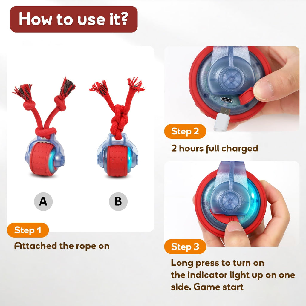 Dog Toys Interactive Rolling Ball with Rope, Motion-Activated