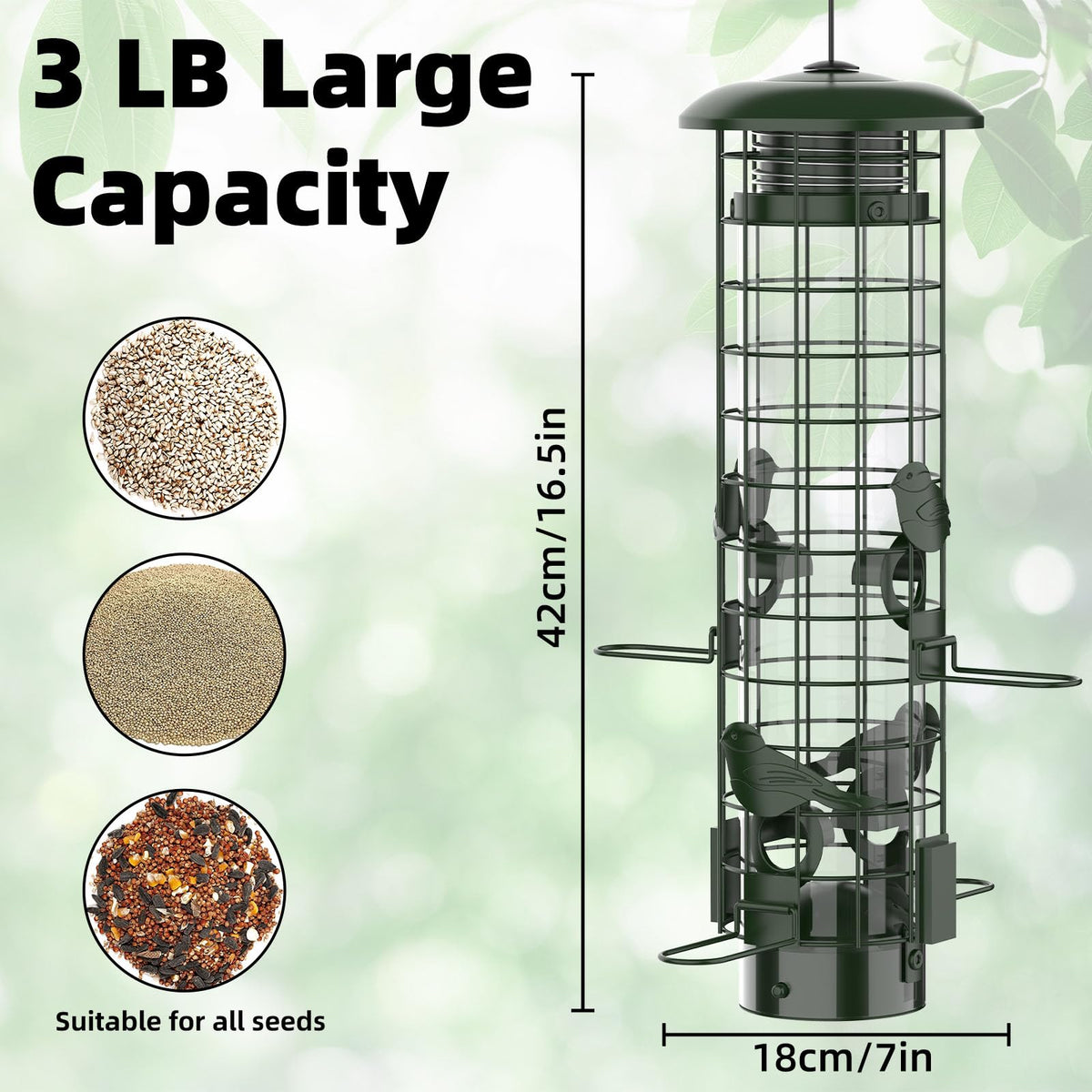 Squirrel Proof Bird Feeder,Metal Mesh Bird Feeders for Outdoors Hanging,Gravity Protection Squirrel Proof Wild Bird Feeders with Finch Cardinal Chickadee,3LB Large Capacity,Green