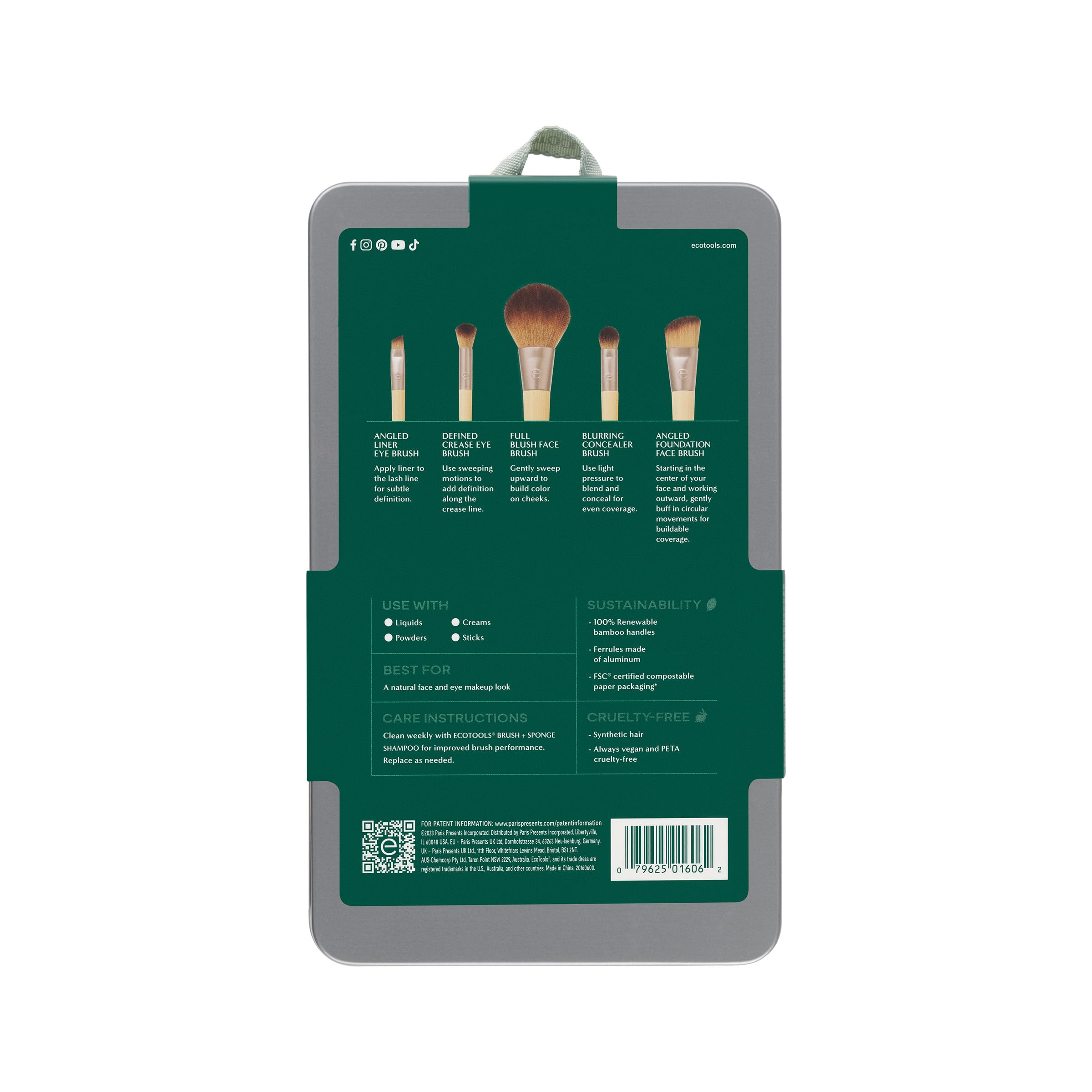 EcoTools 6 Piece Start the Day Beautifully Makeup Brush Set | Natural face and eye look, makeup brush kit for liquid cream or powder, bamboo makeup brushes, storage tin