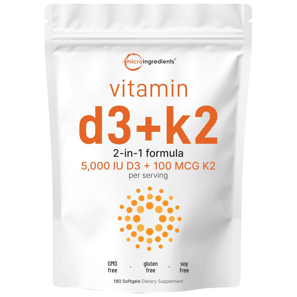 Micro Ingredients Vitamin D3 + K2 MK-7 5,000 IU Per Serving, 300 Softgels | K2 100 mcg Per Serving, D3 & K2 Vitamin Supplement for Women & Men. Easy-to-Swallow, Non-GMO, Gluten Free.