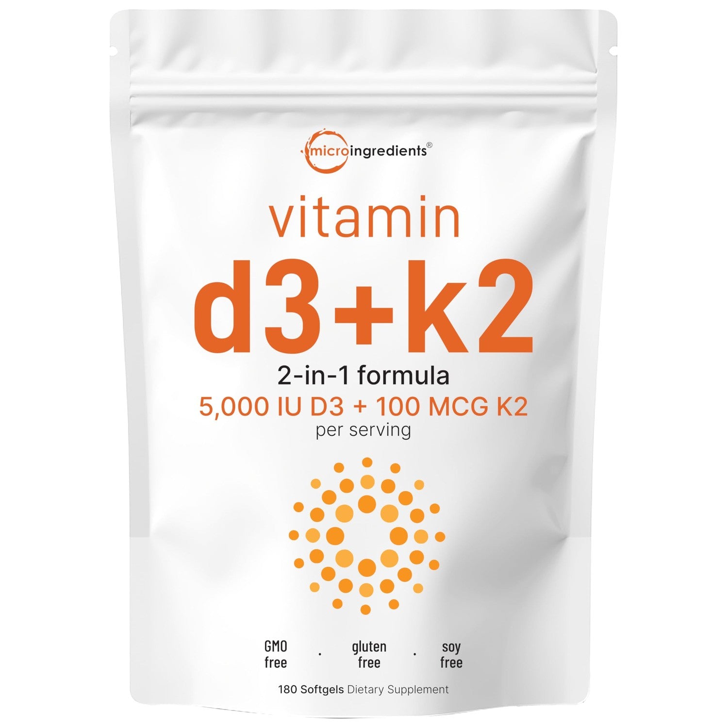 Micro Ingredients Vitamin D3 + K2 MK-7 5,000 IU Per Serving, 300 Softgels | K2 100 mcg Per Serving, D3 & K2 Vitamin Supplement for Women & Men. Easy-to-Swallow, Non-GMO, Gluten Free.