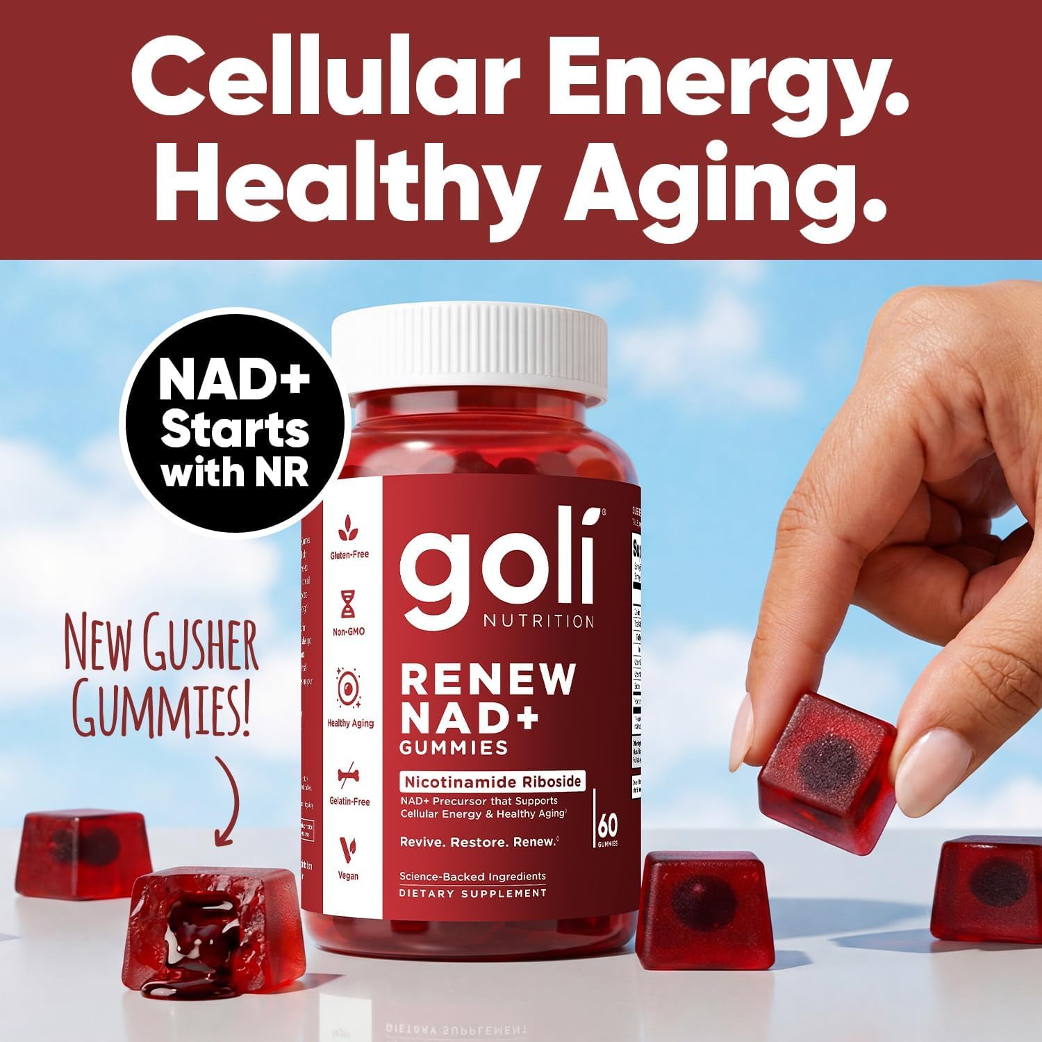 Goli World’s First Renew NAD+, 60 Count Each (2 Pack, 120 Total) – Nicotinamide Riboside (NR) – Cellular Energy & Healthy Aging Support – Vegan, Non-GMO, Gelatin-Free Liquid-Center Gummies