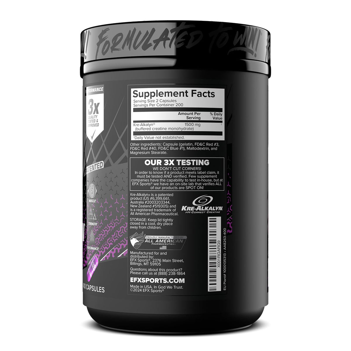 EFX Sports Kre-Alkalyn EFX | pH Correct Creatine Monohydrate Pill Supplement | Strength, Muscle Growth & Performance | 200 Servings, 400 Capsules