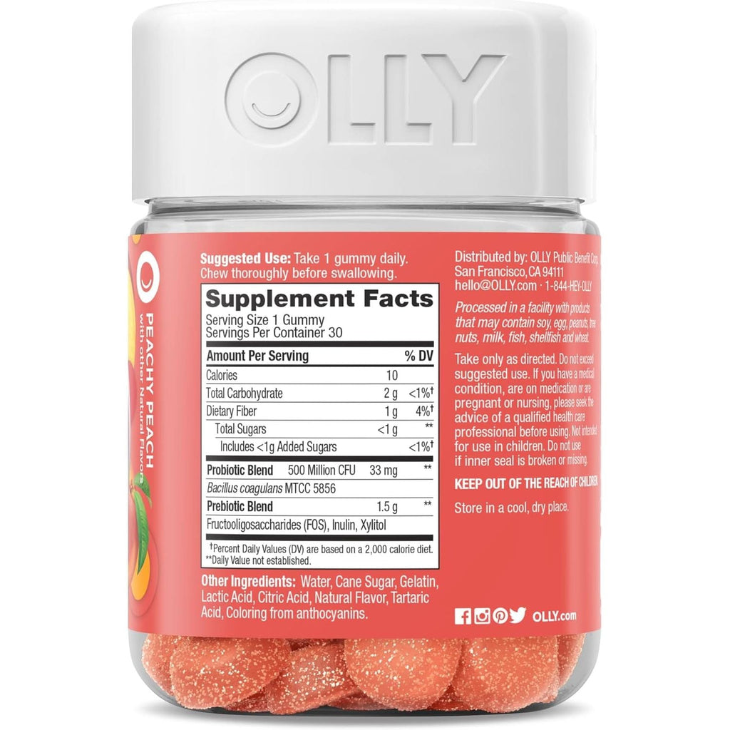 Buy now OLLY Probiotic + Prebiotic Gummy, Digestive Support and Gut Health, 500 Million CFUs, Fiber, Adult Chewable Supplement for Men and Women, Peach, 30 Day Supply - 30 Count at indiglob india