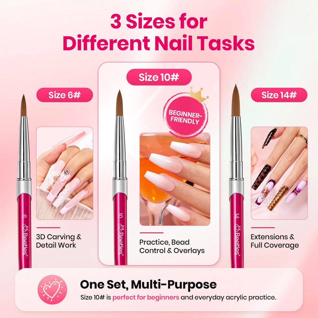 Beetles Acrylic Nail Brush Set, 3Pcs Size 6/10/14 for Acrylic Powder | Includes 3 Size Brushes with a Steel Cleaning Comb for Acrylic Powder Application, Extensions, and 3D Carving DIY Nail Art