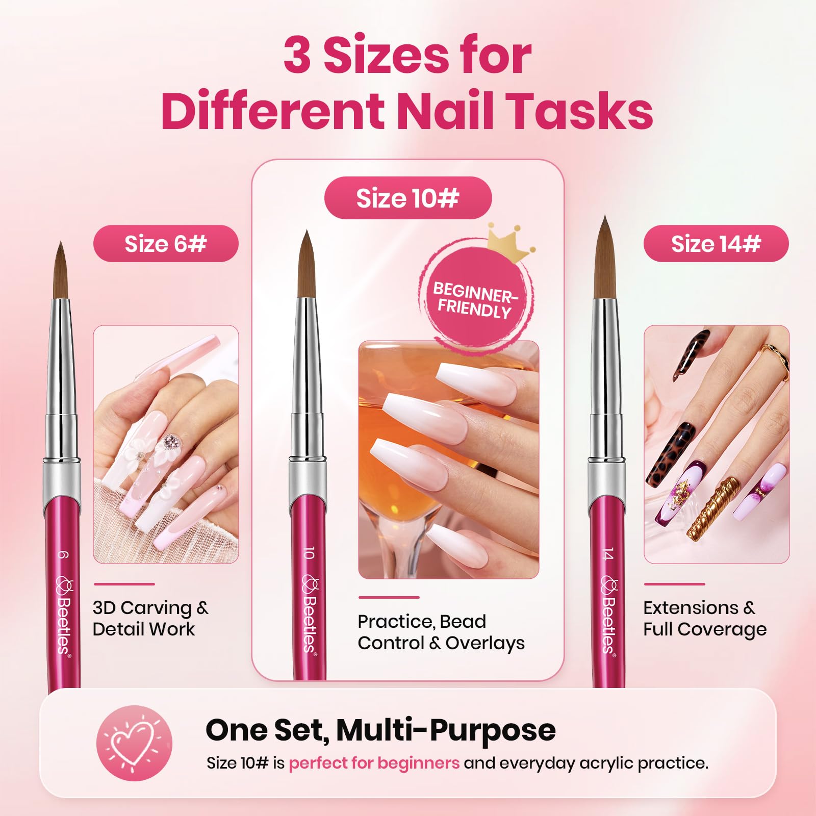 Beetles Acrylic Nail Brush Set, 3Pcs Size 6/10/14 for Acrylic Powder | Includes 3 Size Brushes with a Steel Cleaning Comb for Acrylic Powder Application, Extensions, and 3D Carving DIY Nail Art