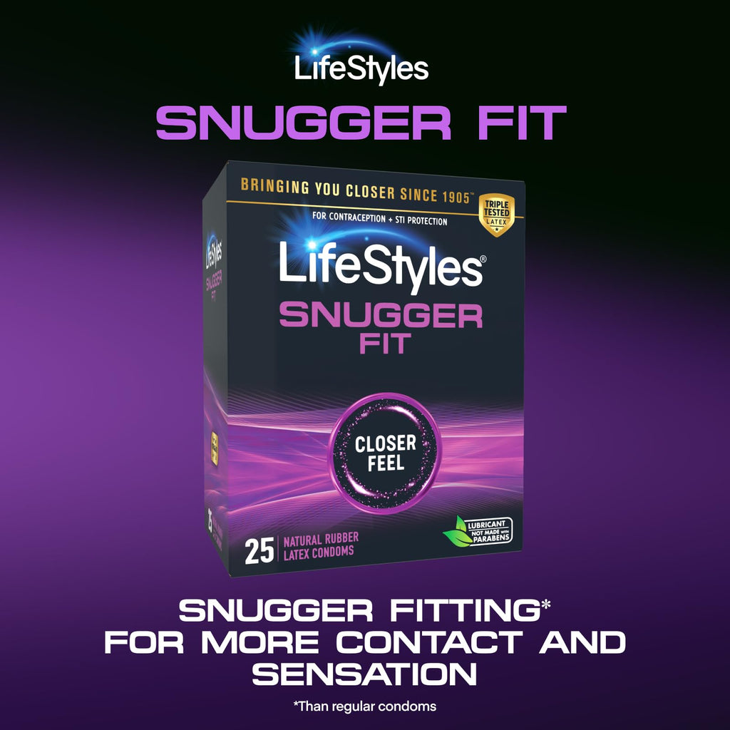 Lifestyles Snugger Fit Natural Rubber and Lubricated Latex Condoms Value Pack, 25 Count, 1 Pack, Triple Tested for Best Protection, Made with UltraGlide Silicone Lube