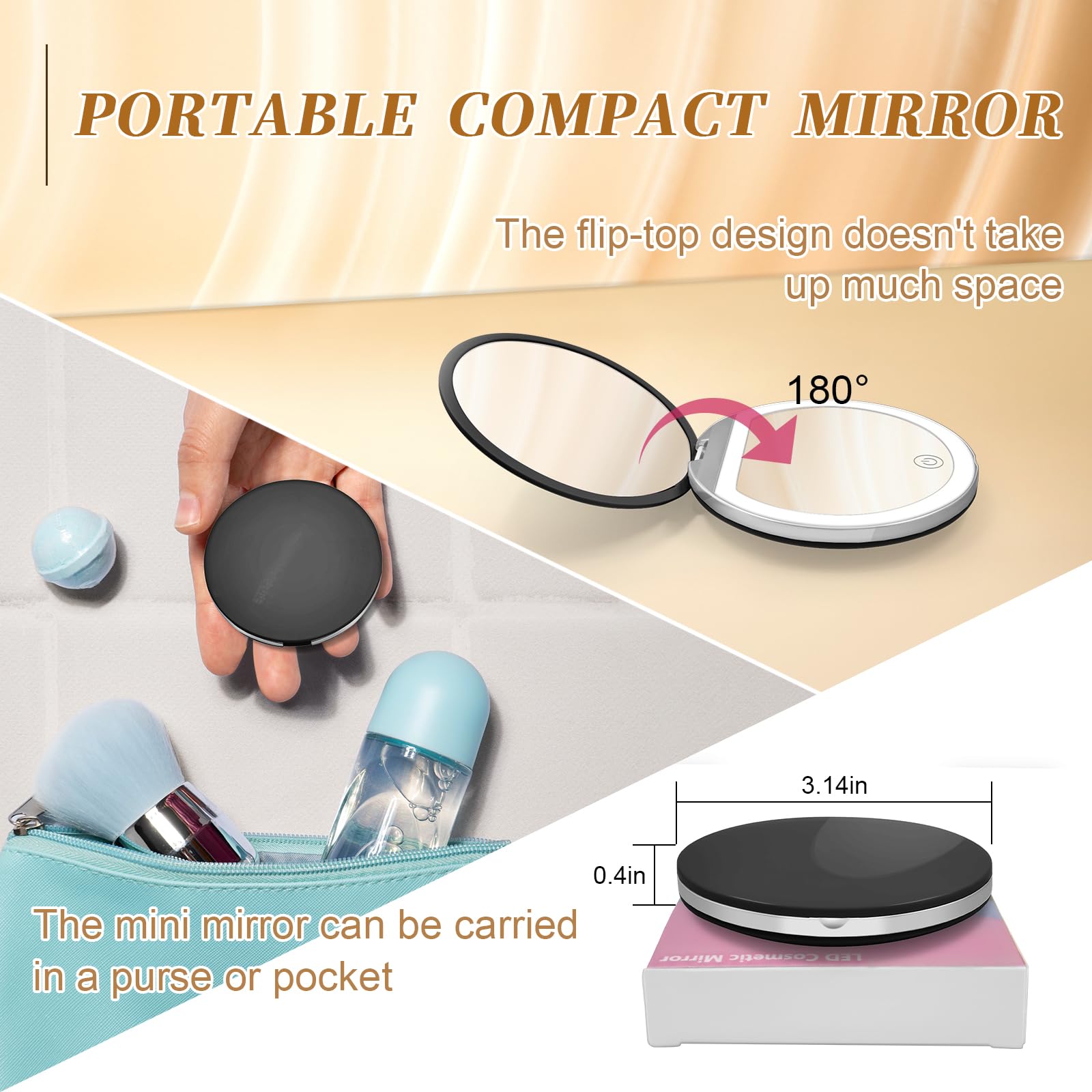 Black Compact Mirror with Light, 1X/3X Magnification LED Pocket Mirror | USB Data Cable, Mini, Purse, Pocket, Travel, Gift, makeup, mini, women, essentials, LED, fiberglass