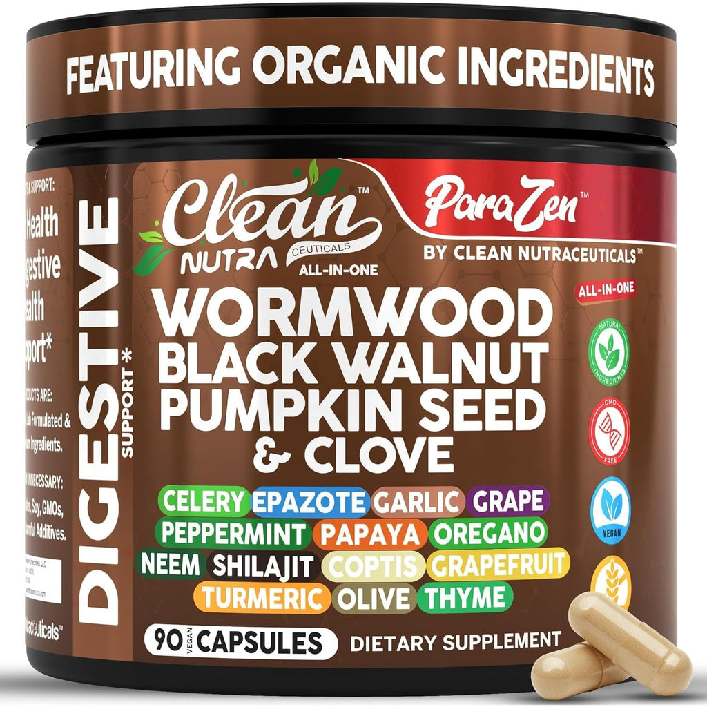 Clean Nutra Wormwood Black Walnut Pumpkin Seed Clove Oil Celery Garlic Grape Papaya Neem Diatomaceous Earth Womens Probiotic Gut Health Cleanse Detox Oregano Olive Turmeric Supplement Vegan Capsules
