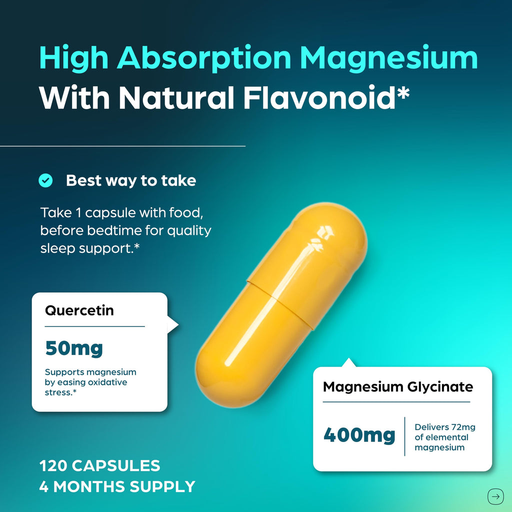Magnesium Glycinate 400mg Capsules with Quercetin for Men & Women 120 Count | Pure Chelated Magnesium For Good Sleep, Relaxation | High Absorption, USA Made NSF GMP Certified 3rd Party Tested | Sandhu's
