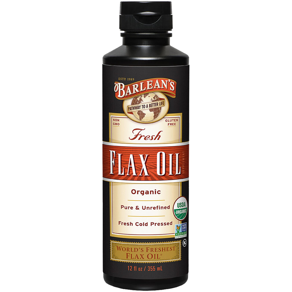 Barlean's Organic Flaxseed Oil, 7640mg ALA Omega-3, Cold-Pressed, 32oz | Fresh cold-pressed flax seeds, ALA omega 3-6-9, Vegan, Non-GMO, Gluten-free, Unrefined, 32 oz value size, Heart & skin