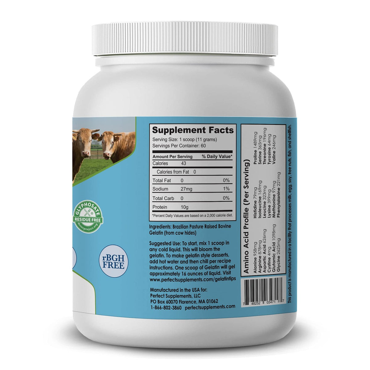 Perfect Bovine Gelatin 100% Grass Fed Beef Gelatin Powder (Cooked Collagen), Brazilian Pasture Raised ~ Large 23.3oz. 60 Serving Container ~ No Fillers, GMOs or Pesticides