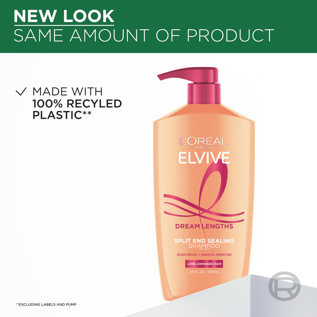 L'Oreal Paris Elvive Dream Lengths Shampoo and Conditioner Set, Seals Split Ends, Hydrating & Strengthening Hair Repair, Fine Castor Oil and Vitamins B3 and B5, 56 Fl Oz Set
