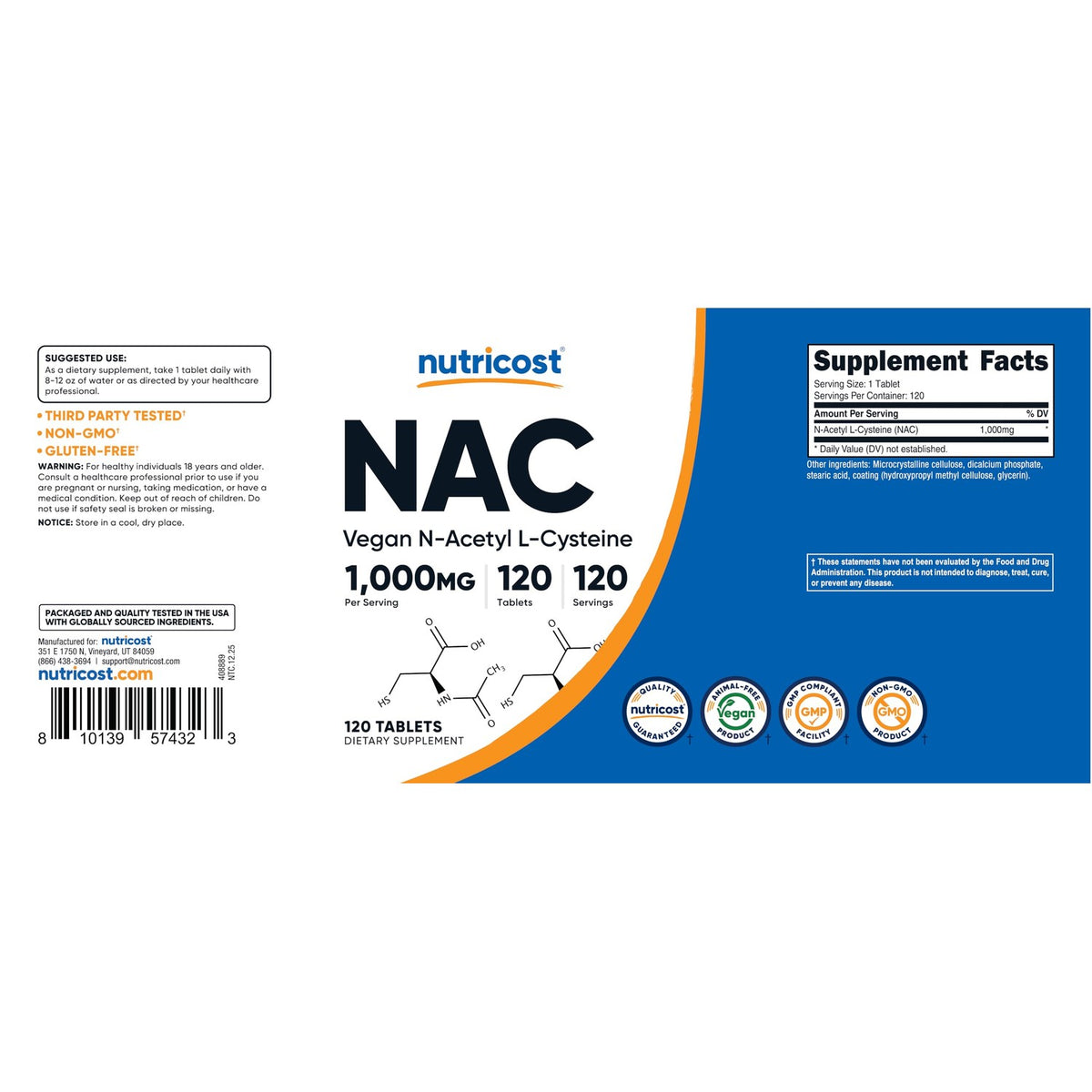 Nutricost N-Acetyl L-Cysteine (NAC) 1000mg, 120 Vegan Tablets, Gluten Free