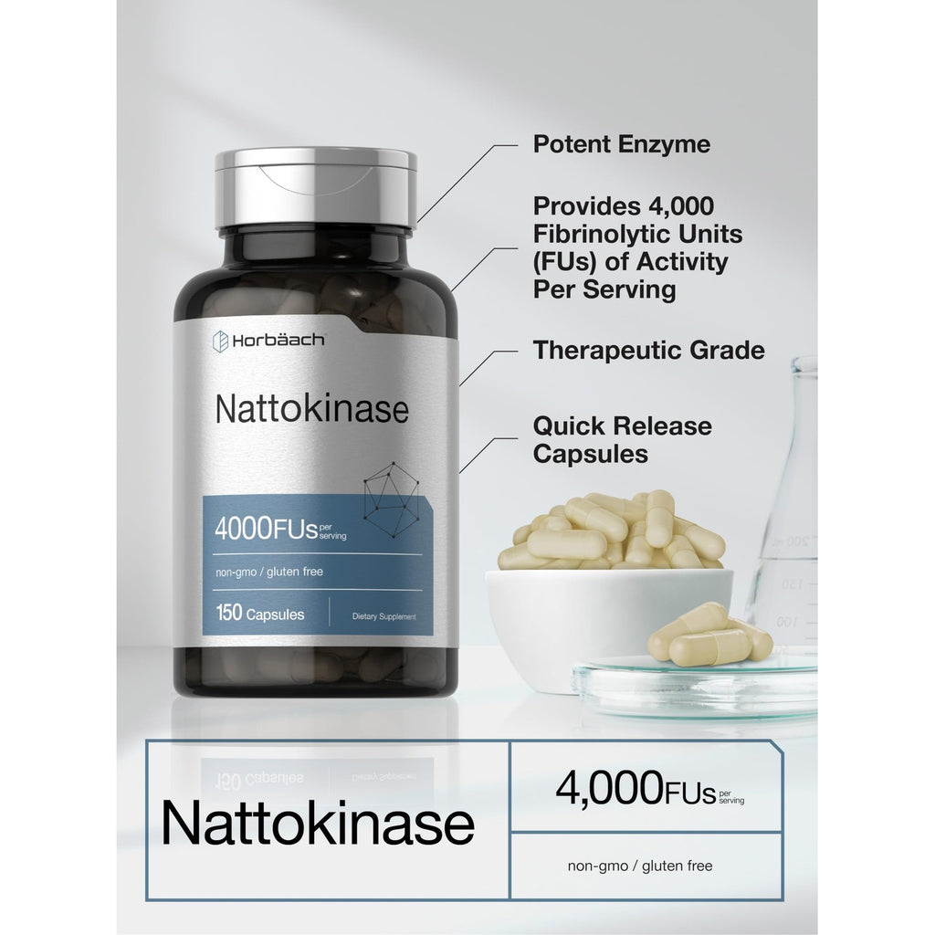 Horbäach Nattokinase Supplement 4000 FU | 150 Capsules | Non-GMO, Gluten Free