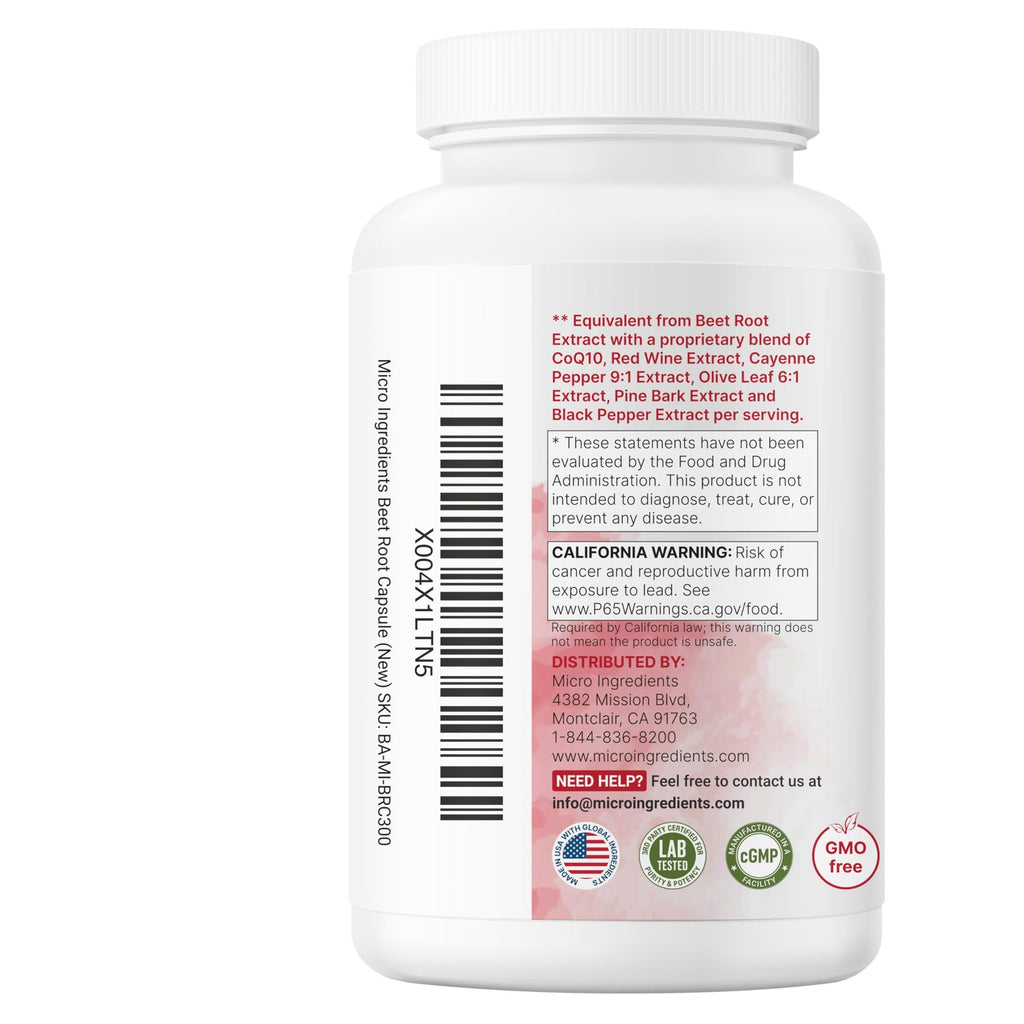 Micro Ingredients Beet Root Capsules 3,000 mg** Per Serving, 300 Capsules | Nitric Oxide Supplement | 7‑in‑1 Beet Root Complex with CoQ10, Black Pepper & Botanical Extracts | Non-GMO