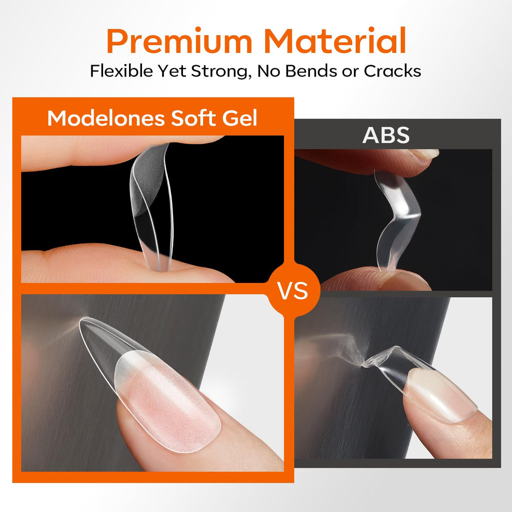 Modelones short almond nail tips, 360pcs, made from authentic soft gel; flexible and durable, ensuring no bends or cracks.
