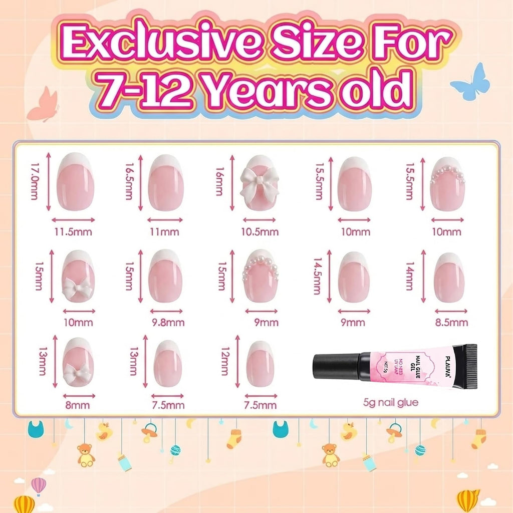 Premium imported 26 pieces French tip press-on nails, designed for ages 7-12 with a variety of sizes and styles.