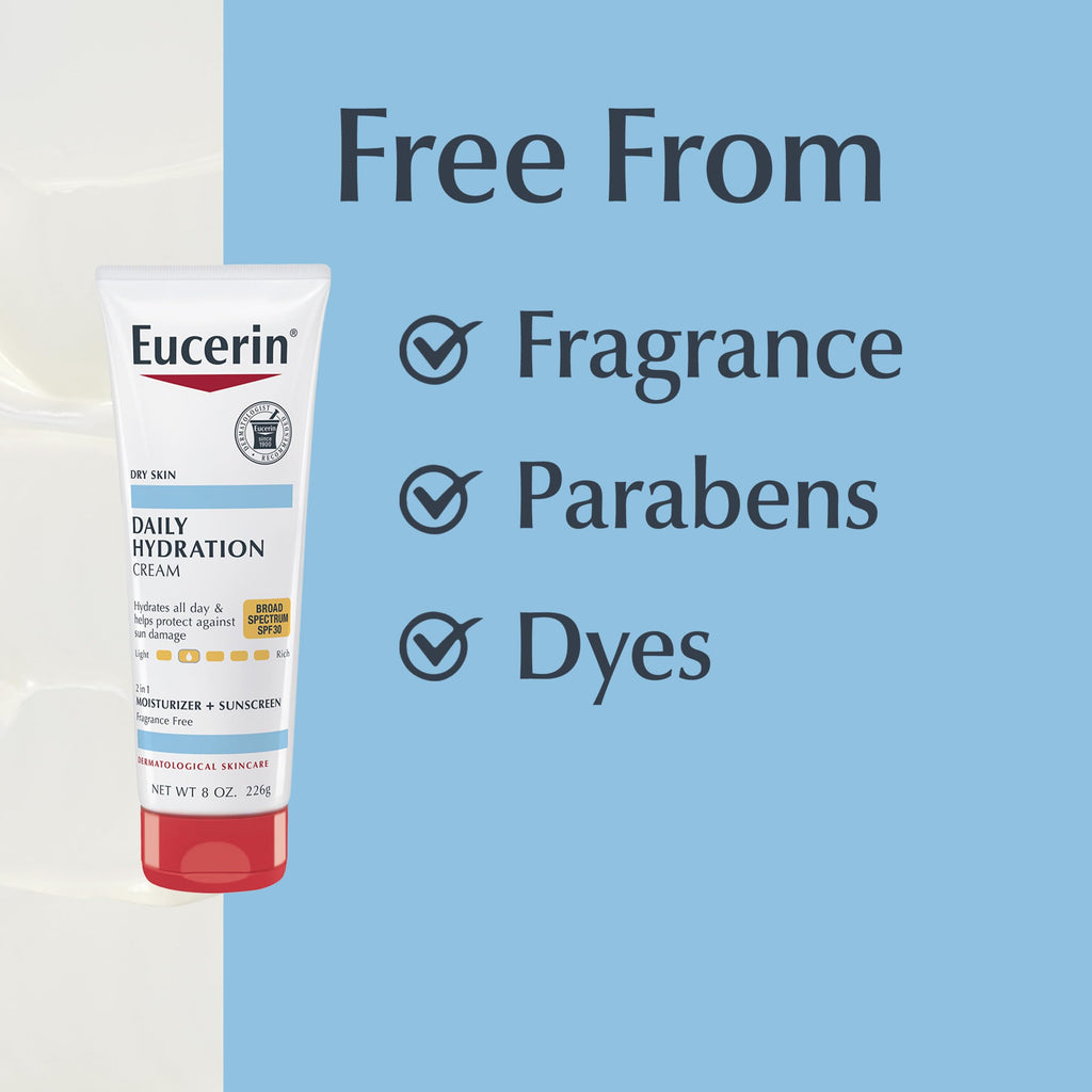 Eucerin Daily Hydration Cream, Broad Spectrum SPF 30, 8 OZ | Body Cream with Glycerin and SPF 30 Sunscreen, 24-Hour Moisture for Normal to Dry Skin, Fragrance Free
