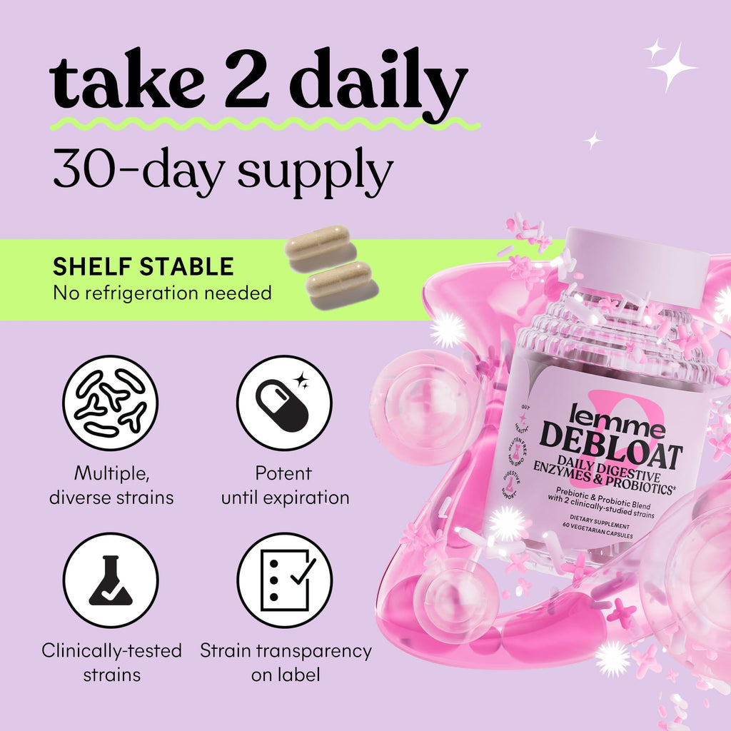 Lemme Debloat Probiotic Capsules for Bloating & Gas Relief, 30-Day Supply | Bloating & Gas Relief - 2 Clinically Studied Probiotics w/5 Digestive Enzymes to Improve Digestion, Women & Men