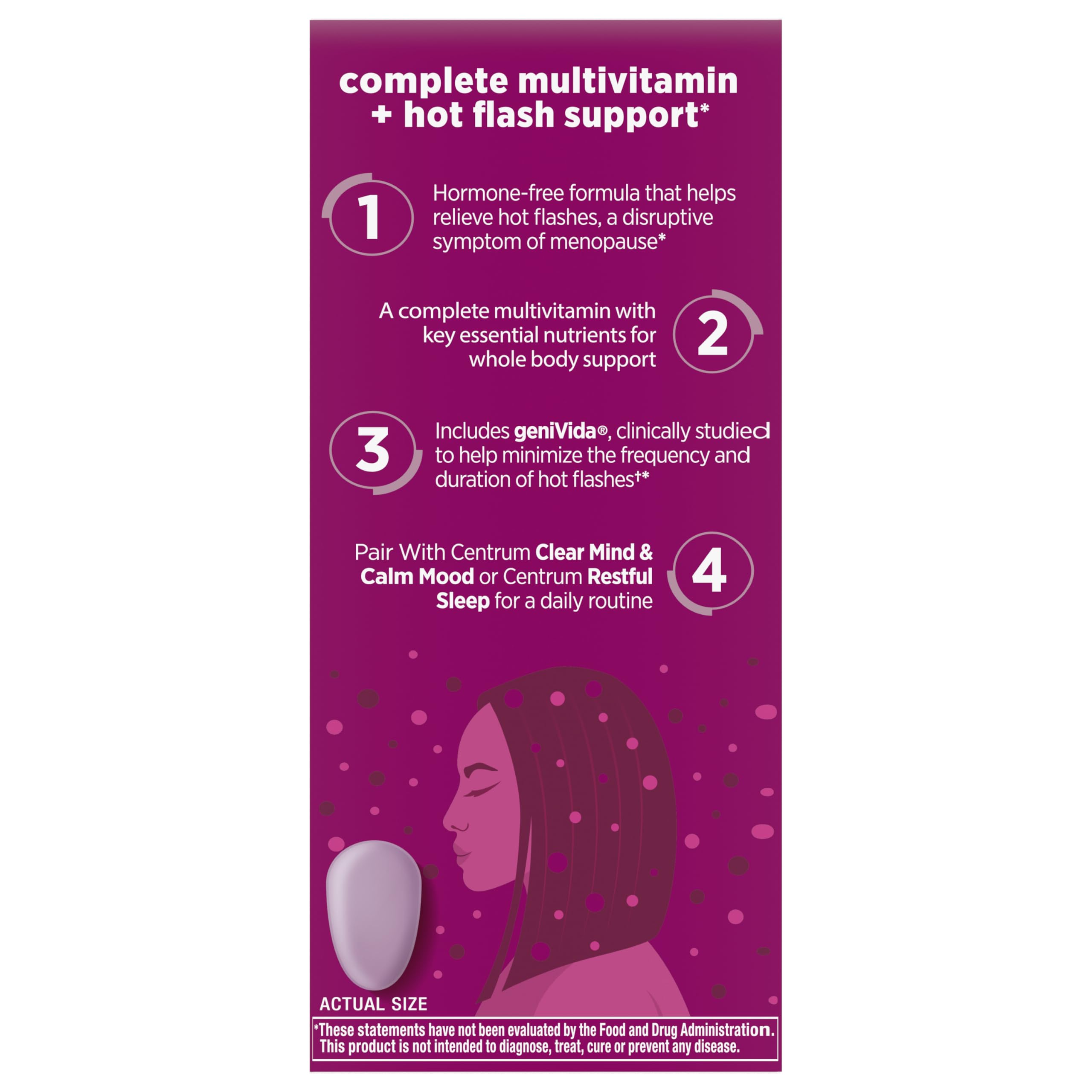 Centrum Complete Multivitamin Supplement, 30 Count | Hot Flash Support Menopause Support Tablets, with Clinically Studied geniVida, Gluten Free, Non-GMO Ingredients