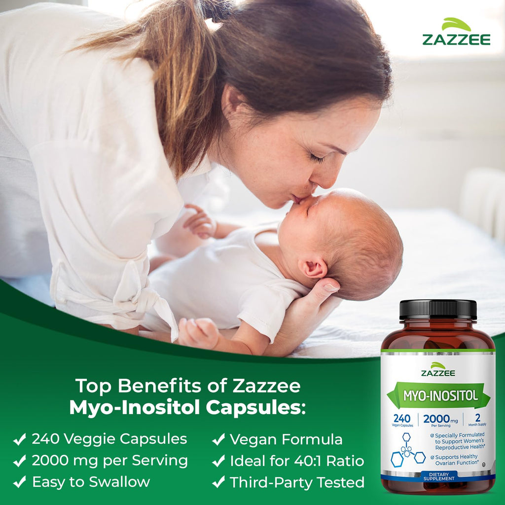 Zazzee Myo-Inositol Capsules, 2000 mg per Serving, 240 Vegan Capsules | Ideal Dosage for 40:1 Ratio, Certified Kosher, Hormone Balance & Healthy Ovarian Function Support, Non-GMO, Made in the USA