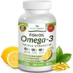 Triple Strength Omega 3 Fish Oil for Heart Health, Brain & Eyes – Burpless | High EPA & DHA Fish Oil for Men & Women, Lemon Flavor, Third Party Tested, Omega 3 Supplements for Joints – 120 Capsules