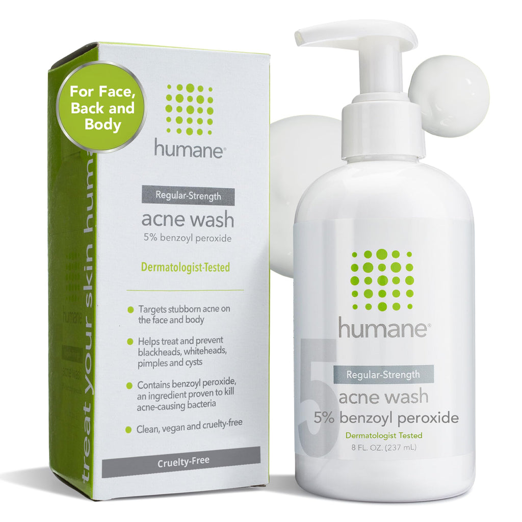 humane Benzoyl Peroxide Acne Body Wash - Non-Foaming - 10% Maximum-Strength | Vegan & Cruelty-Free Face, Skin, Butt, & Back Acne Treatment - Dermatologist-Tested Acne Face Wash Cleanser - 16 Fl Oz