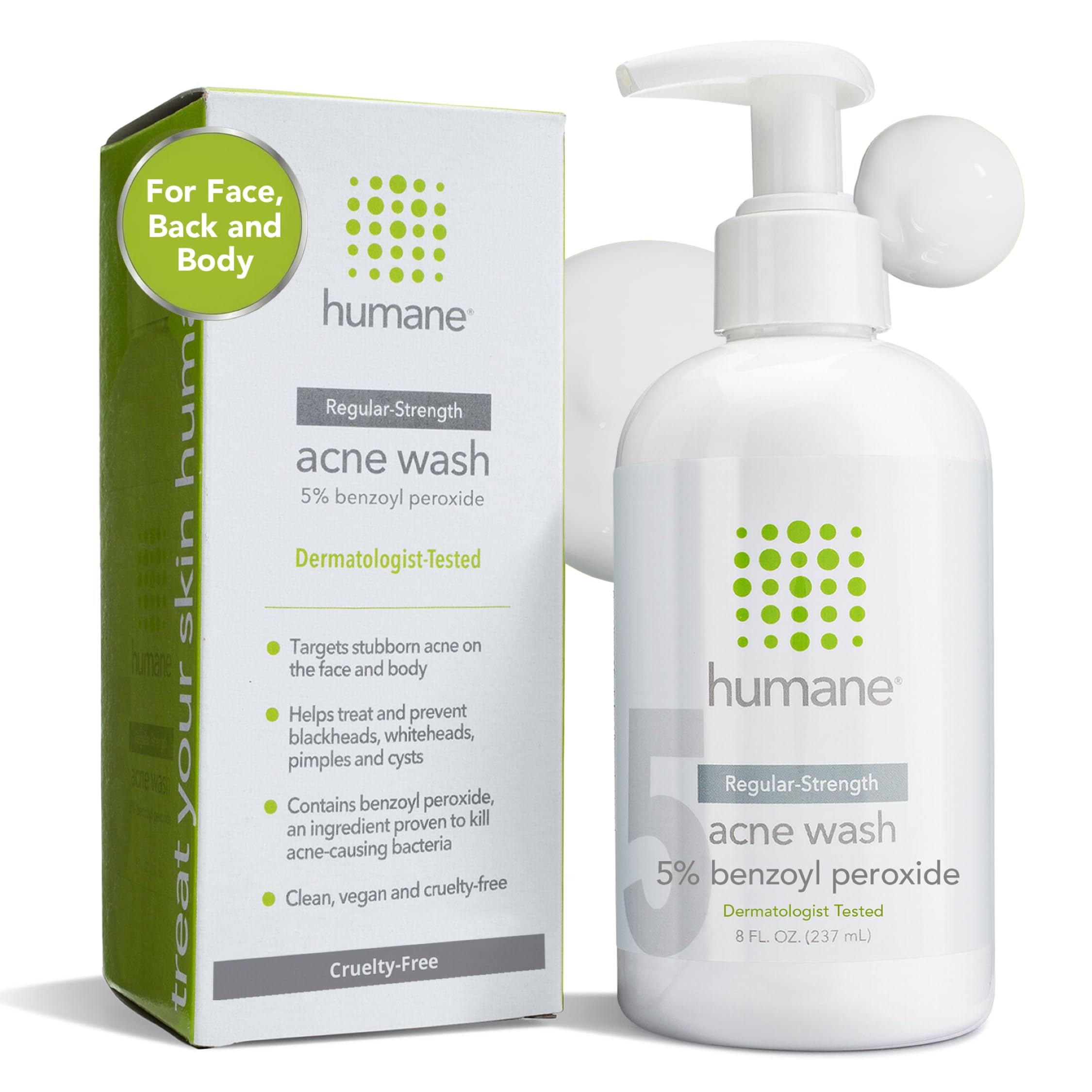 humane Benzoyl Peroxide Acne Body Wash - Non-Foaming - 10% Maximum-Strength | Vegan & Cruelty-Free Face, Skin, Butt, & Back Acne Treatment - Dermatologist-Tested Acne Face Wash Cleanser - 16 Fl Oz