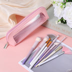 Psyqtsuary small clear makeup bag in pink with multiple makeup brushes. Available for order online in India.