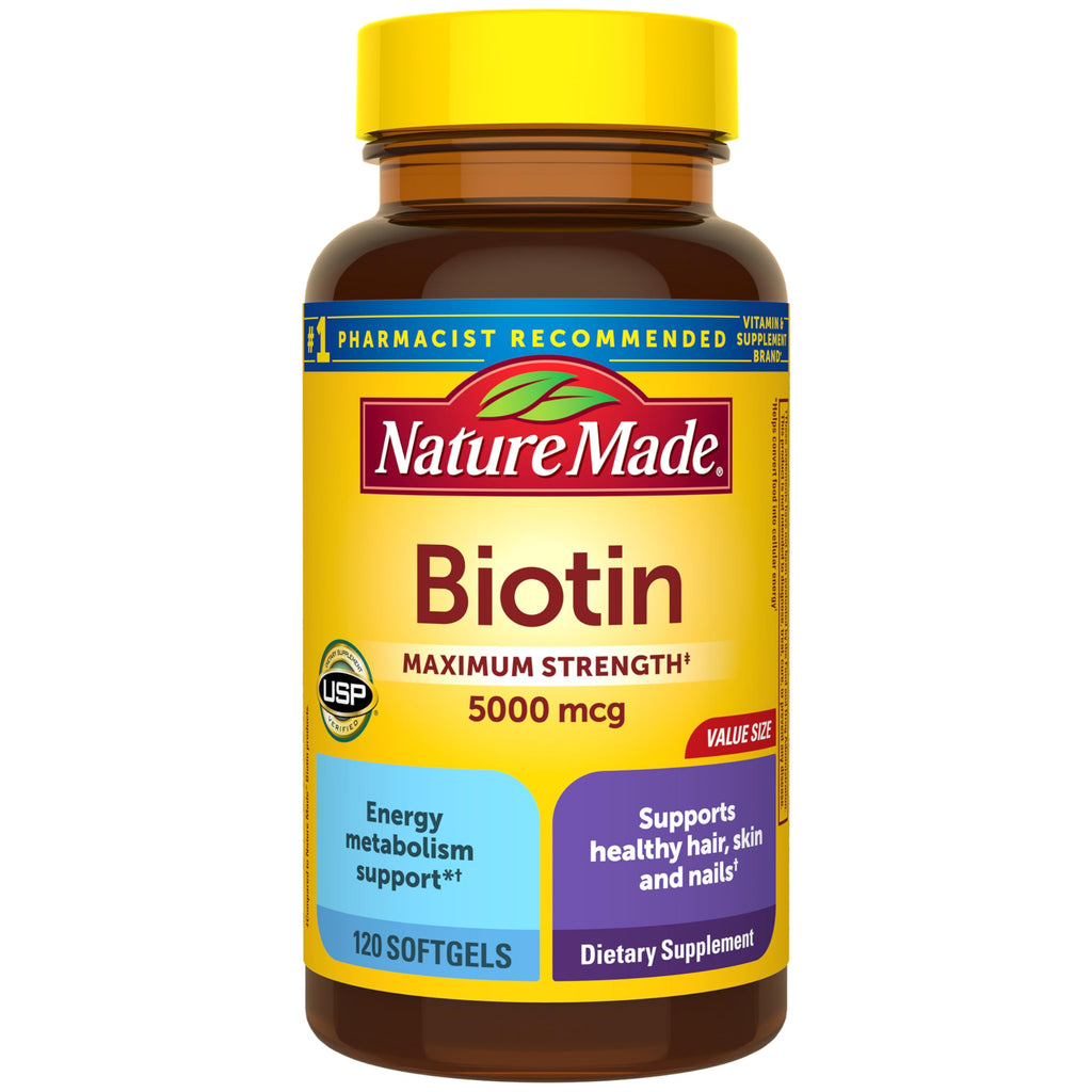 Nature Made Maximum Strength Biotin 5000 mcg Softgels, 120 Count | Biotin Hair Skin and Nails Vitamins, Dietary Supplement with Biotin for Adult Women and Men, 120 Day Supply