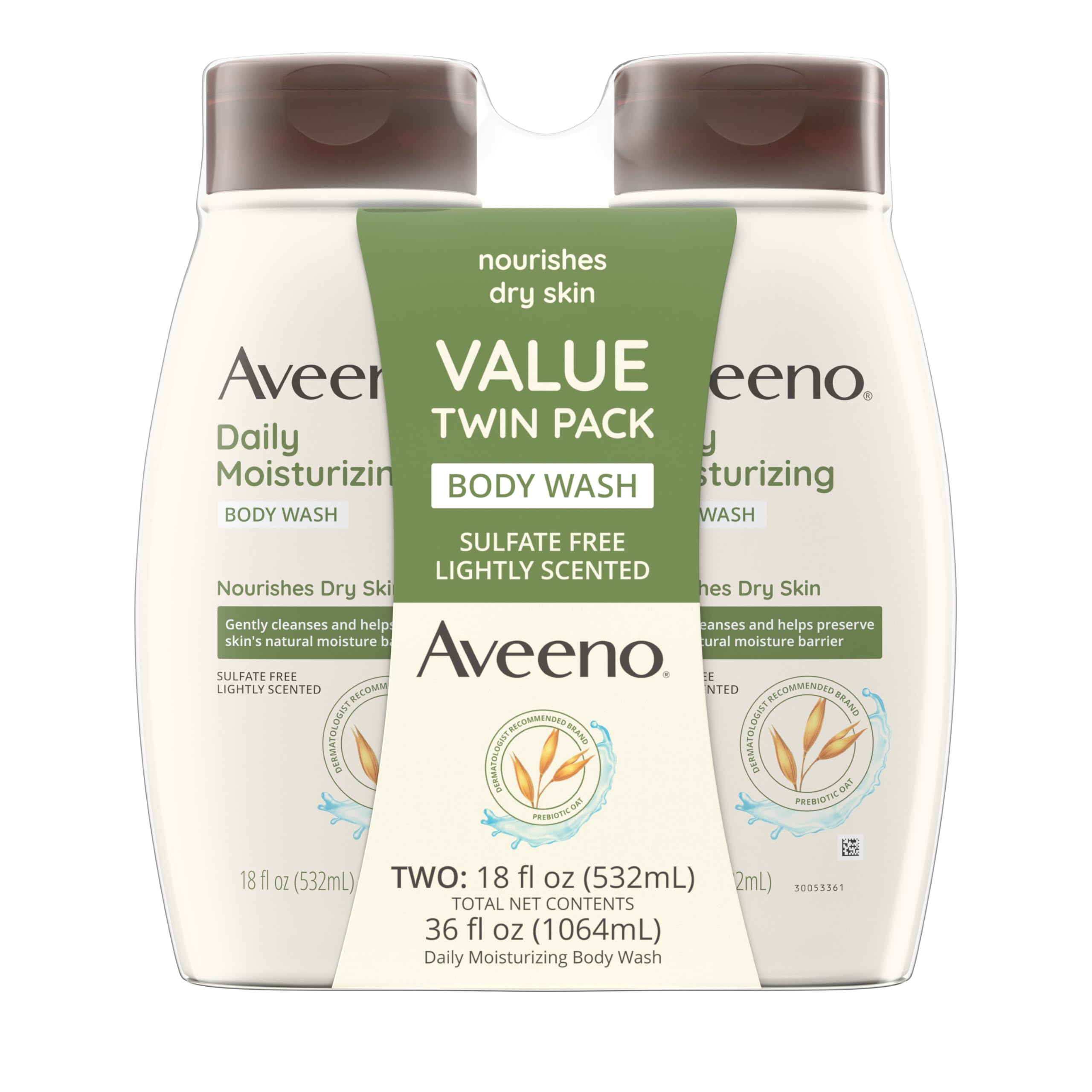 Aveeno Daily Moisturizing Body Wash, Prebiotic Oat, Dry Skin, 18 fl oz x 2