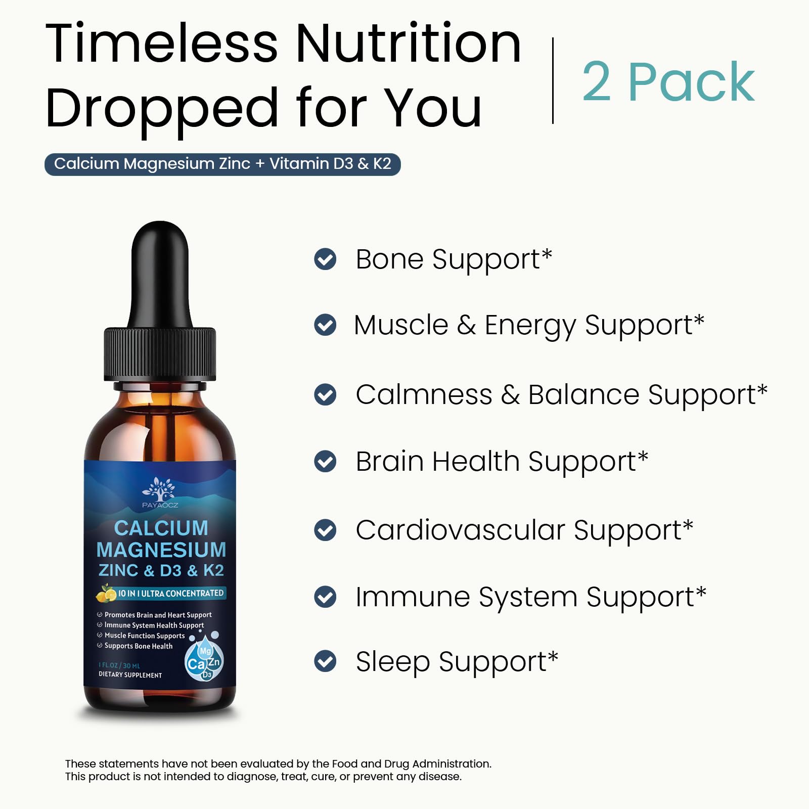 (2 Pack) 10 in 1 Magnesium Calcium Zinc Supplement with Vitamin C D3 K2, Glycinate Mag Vegan Liquid Drops Plus L-Theanine Boron Sea Moss Extract, Immune Support, Bone, Sleep & Leg Cramps, 1 Fl Oz