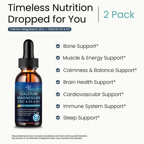 (2 Pack) 10 in 1 Magnesium Calcium Zinc Supplement with Vitamin C D3 K2, Glycinate Mag Vegan Liquid Drops Plus L-Theanine Boron Sea Moss Extract, Immune Support, Bone, Sleep & Leg Cramps, 1 Fl Oz