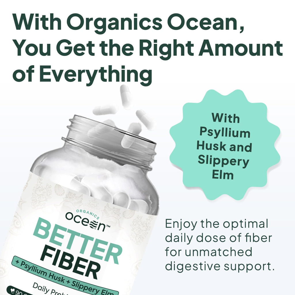 Organics Ocean Better Fiber - Daily Fiber Supplement - Soften Stool for Effortless Bowel Movements - with Psyllium Husk and Slippery Elm - 3 Bottles