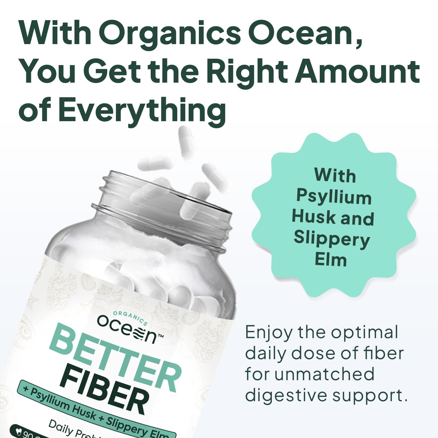 Organics Ocean Better Fiber - Daily Fiber Supplement - Soften Stool for Effortless Bowel Movements - with Psyllium Husk and Slippery Elm - 3 Bottles