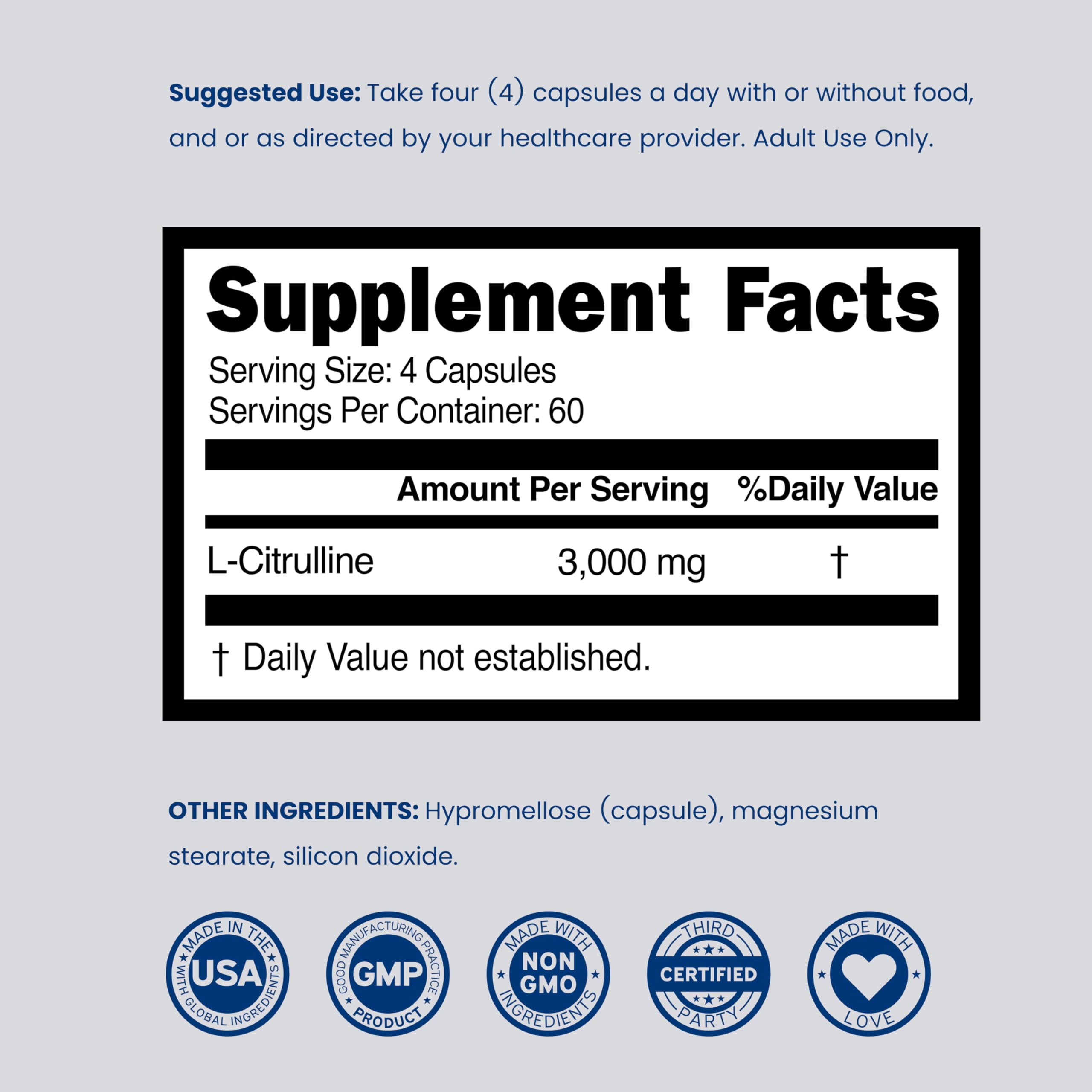 L Citrulline 3000mg Supplement (240 Capsules) Support L Arginine & Nitric Oxide Pills - L-Citrulline For Men & Women - Muscle Recovery & Pump Supplement - 3rd Party Tested, Vegan, Non-GMO - USA Made