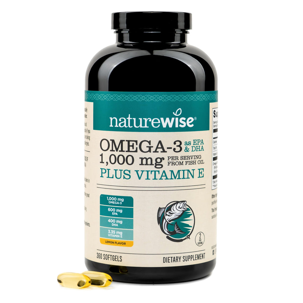 NatureWise Extra-Strength Omega 3 Fish Oil Supplement - 1000mg per Serving - 600 EPA & 400 DHA and Vitamin E - Sustainably Sourced Fish Oil - Lemon Flavor - 60 Softgels[1-Month Supply]