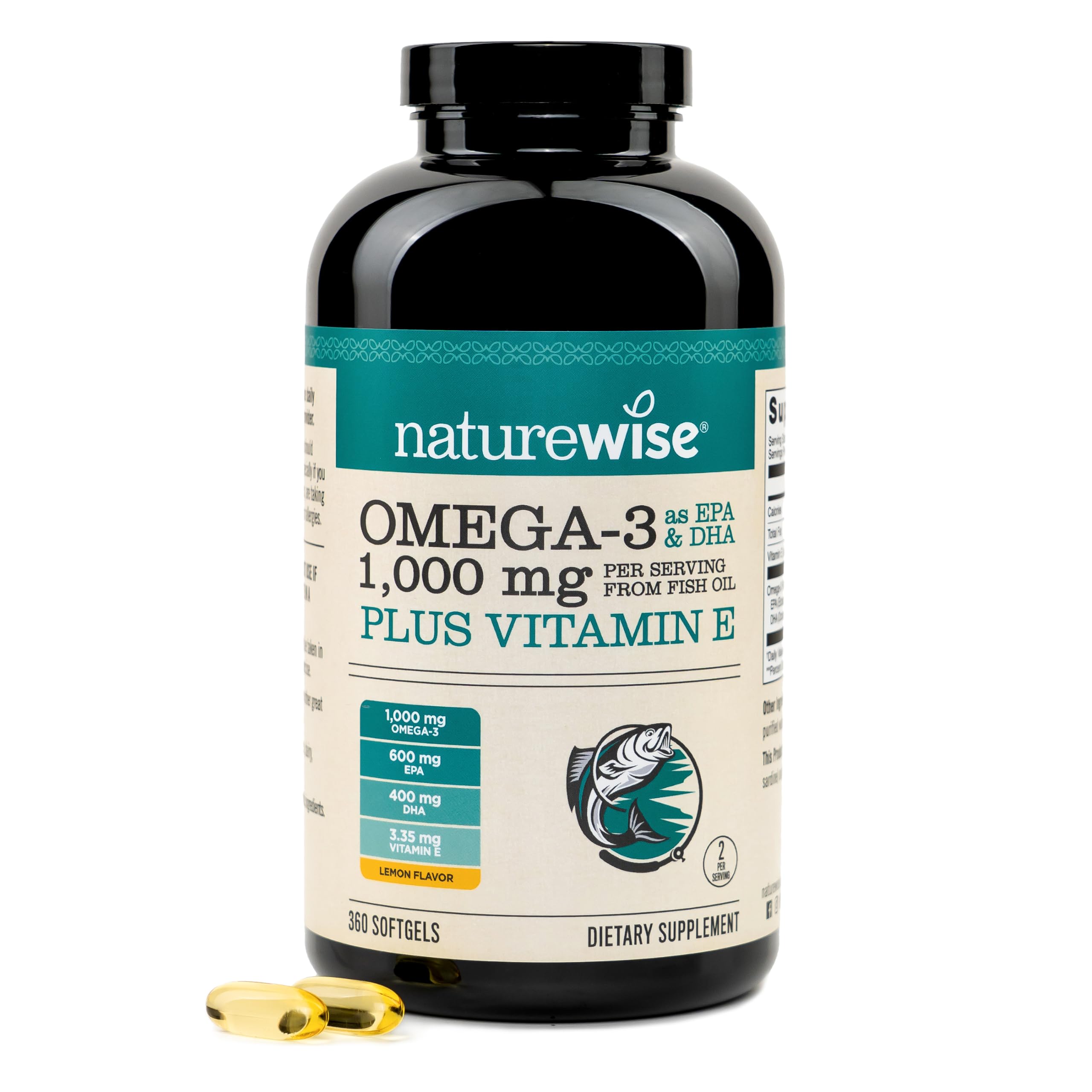 NatureWise Extra-Strength Omega 3 Fish Oil Supplement - 1000mg per Serving - 600 EPA & 400 DHA and Vitamin E - Sustainably Sourced Fish Oil - Lemon Flavor - 60 Softgels[1-Month Supply]