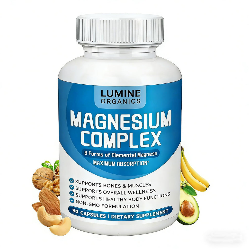 1PCSLumine Organics Magnesium Complex Supplement 1000mg - Advanced 8-in-1 Magnesium Blend - Glycinate, Citrate, Malate, Taurate etc.– High Absorption Formula – Non-GMO, 90 Capsules (1C)
