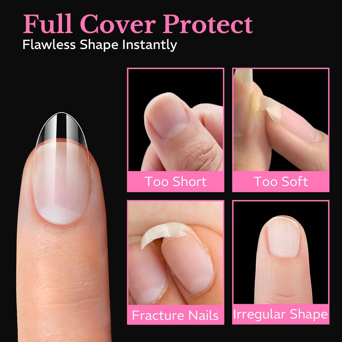 Premium imported soft gel almond nail tips in medium size, 600 pieces for flawless nail shapes and full cover protection.