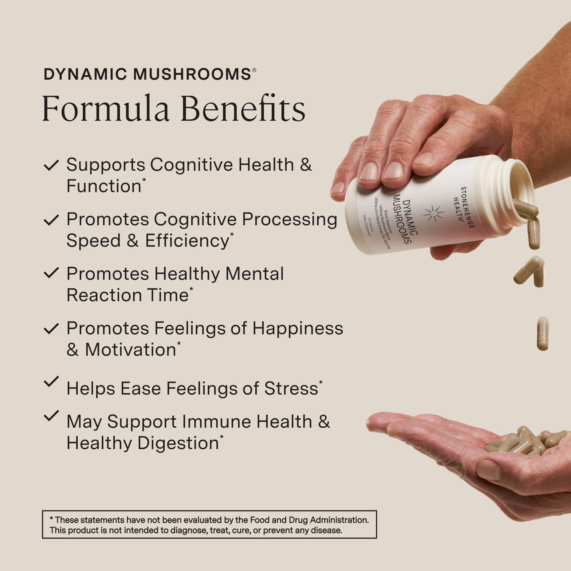 Stonehenge Health Dynamic Mushrooms® | Lions Mane+ Brain, Memory, Focus | Mushroom Supplements for Brain Memory Focus Immune Support Lion's Mane Reishi Chaga Maitake Shiitake 1400mg Fruiting Bodies