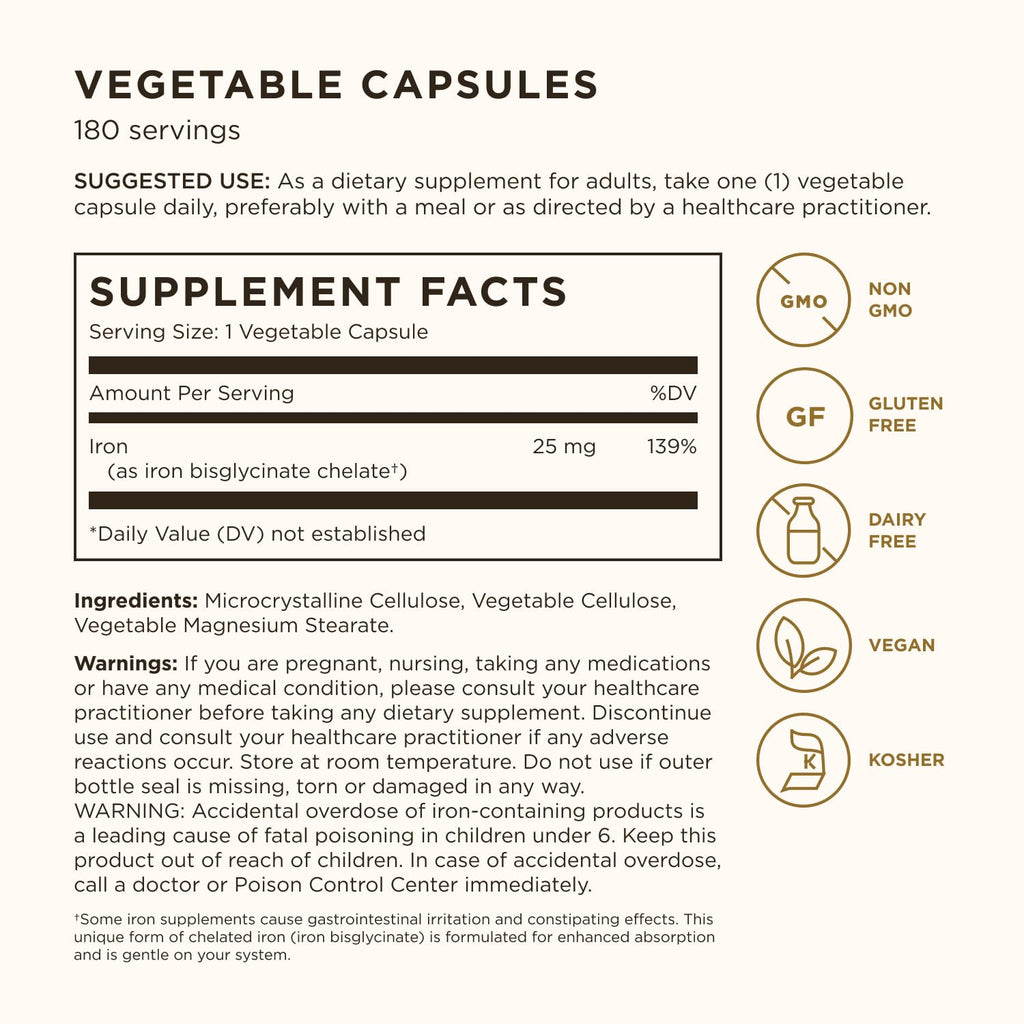 Solgar Gentle Iron, 180 Vegetable Capsules, Red Blood Cell Supplement