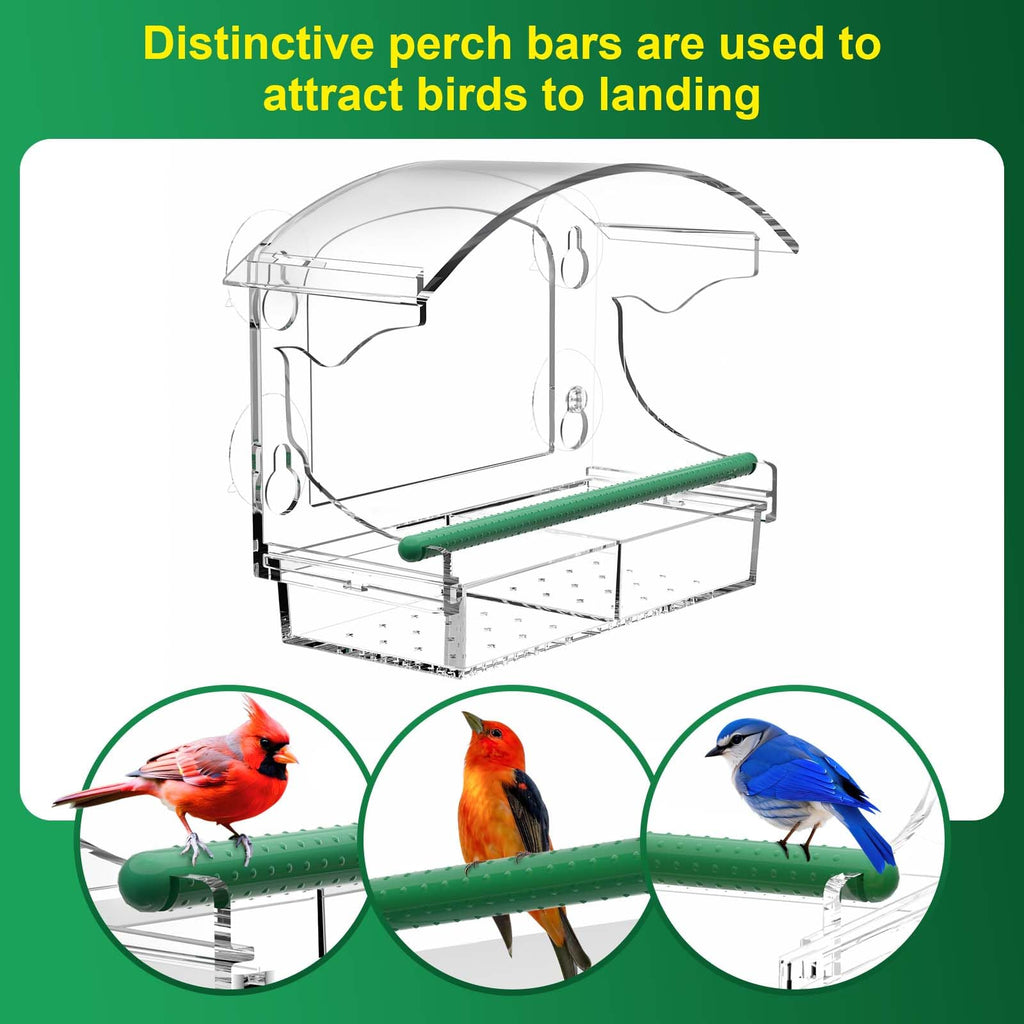 Clear Acrylic Window Bird Feeder for Outside with 4 Strong Suction Cups and Detachable Seed Tray, Highly Transparent Outdoor Viewing Birdfeeder, Wild Bird House Box