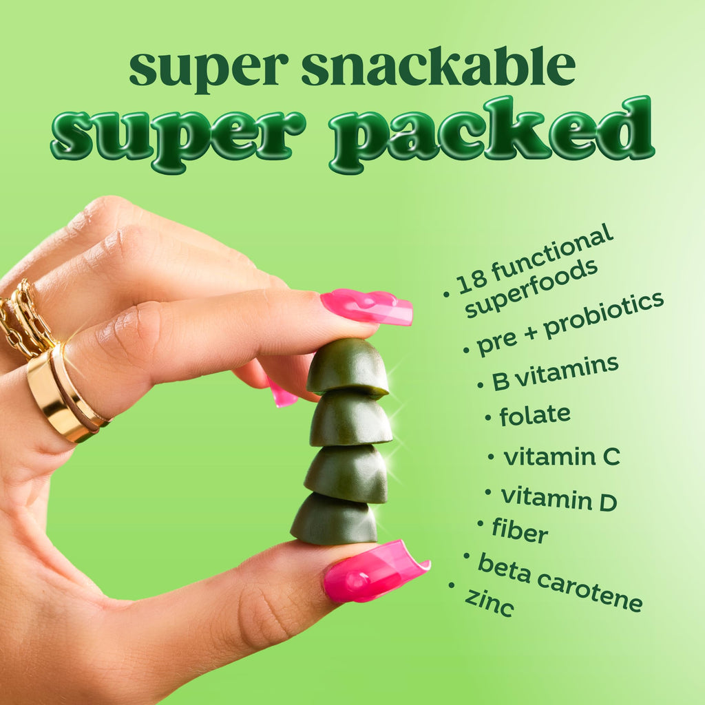 Bloom Nutrition Super Greens Gummies, Strawberry Kiwi, 12 Servings | Daily Superfood Fiber Gummies with Fruits, Vegetables, Vitamins & Minerals for Digestive & Gut Health, Bloating Support