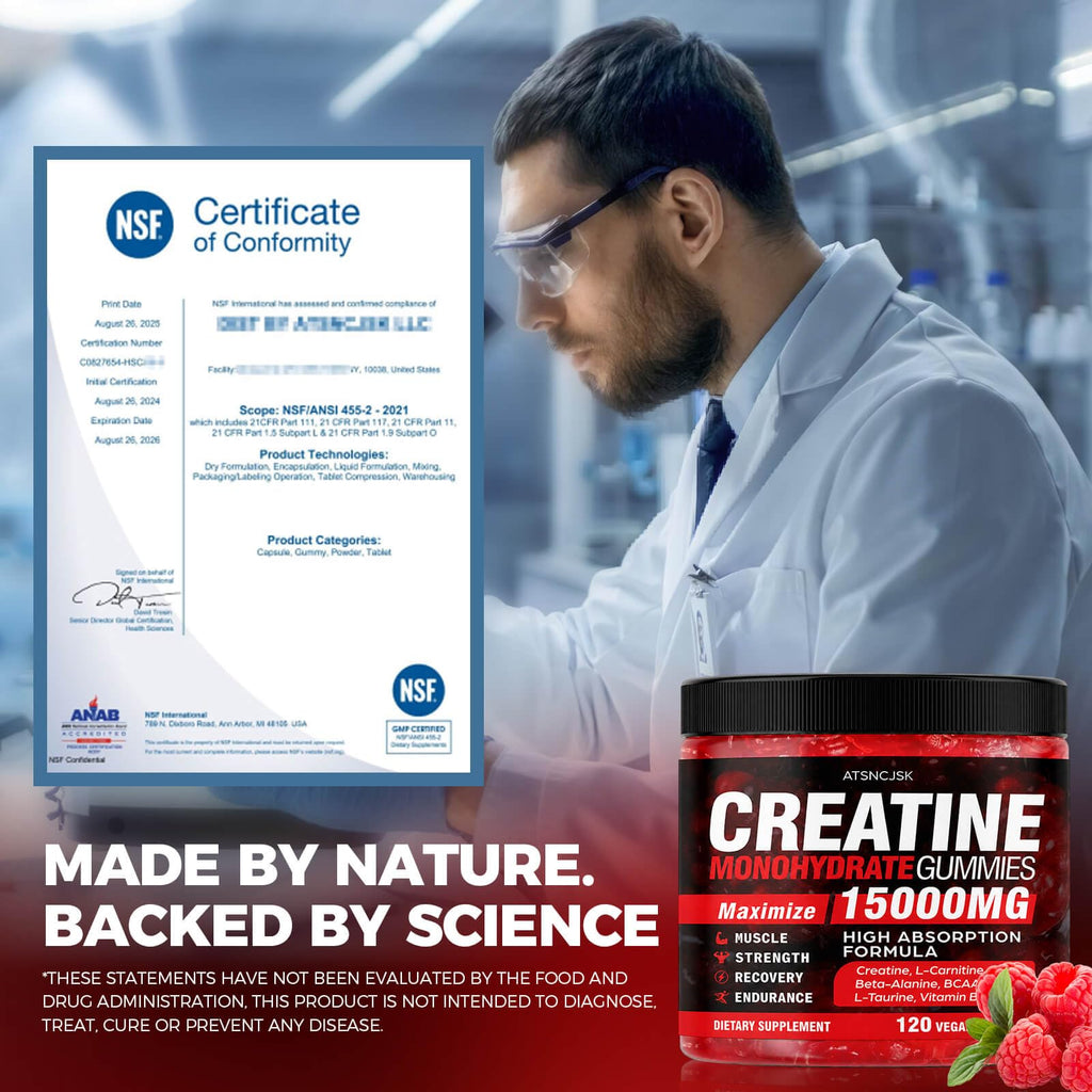 Creatine Gummies Monohydrate Complex, Pre-Workout for Men & Women, Creatine Gummy with L-Taurine, BCAA 2:1, B12/6 for Muscle Support, Enhance Strength, Energy Boost-120 Count